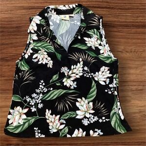 Kahala Women Black Floral Rayon Sleeveless Tropical Aloha Blouse Shirt Size 4